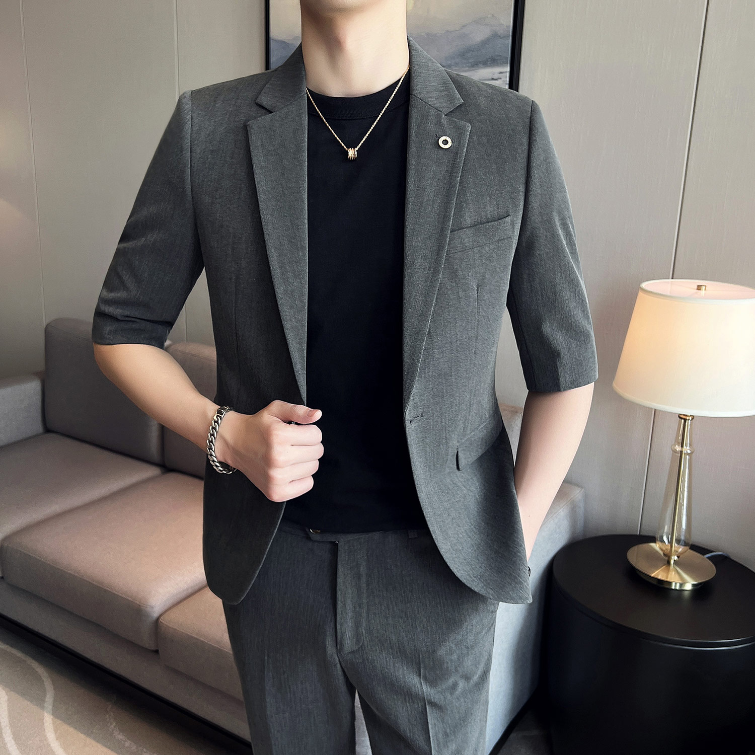 男士清爽中袖西装套装修身男七分袖西服套装结婚西装ZX001/P150特,男装西服套装,电商A428