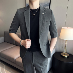 男士清爽中袖西装套装修身男七分袖西服套装结婚西装ZX001/P150特图片
