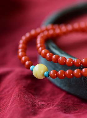 南红小细双圈链子4mm圆珠素珠手串双圈女款文艺复古中国风