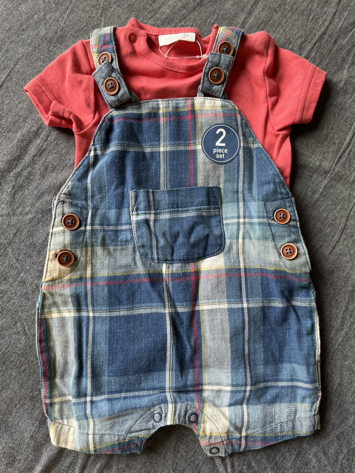 现货英国Next童装男宝宝婴儿红色短袖哈衣蓝格子背带短裤套装休闲