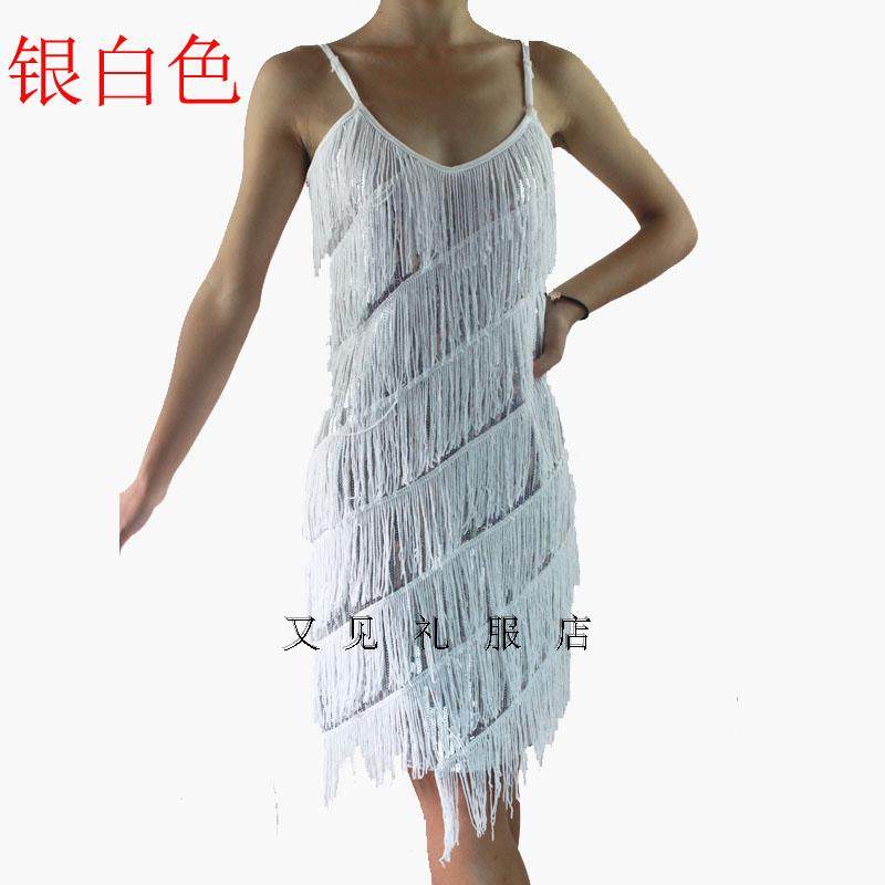 春夏新款吊带 V领亮片流苏不规则名媛修身显瘦中长裙连衣裙 女