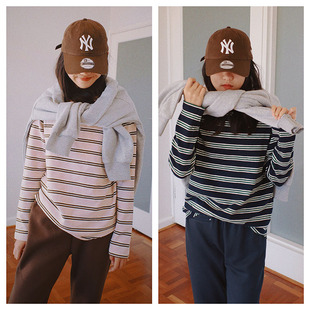 WAAH原创秋季男女中大童复古彩条经典加厚长袖不对称内搭T恤上衣