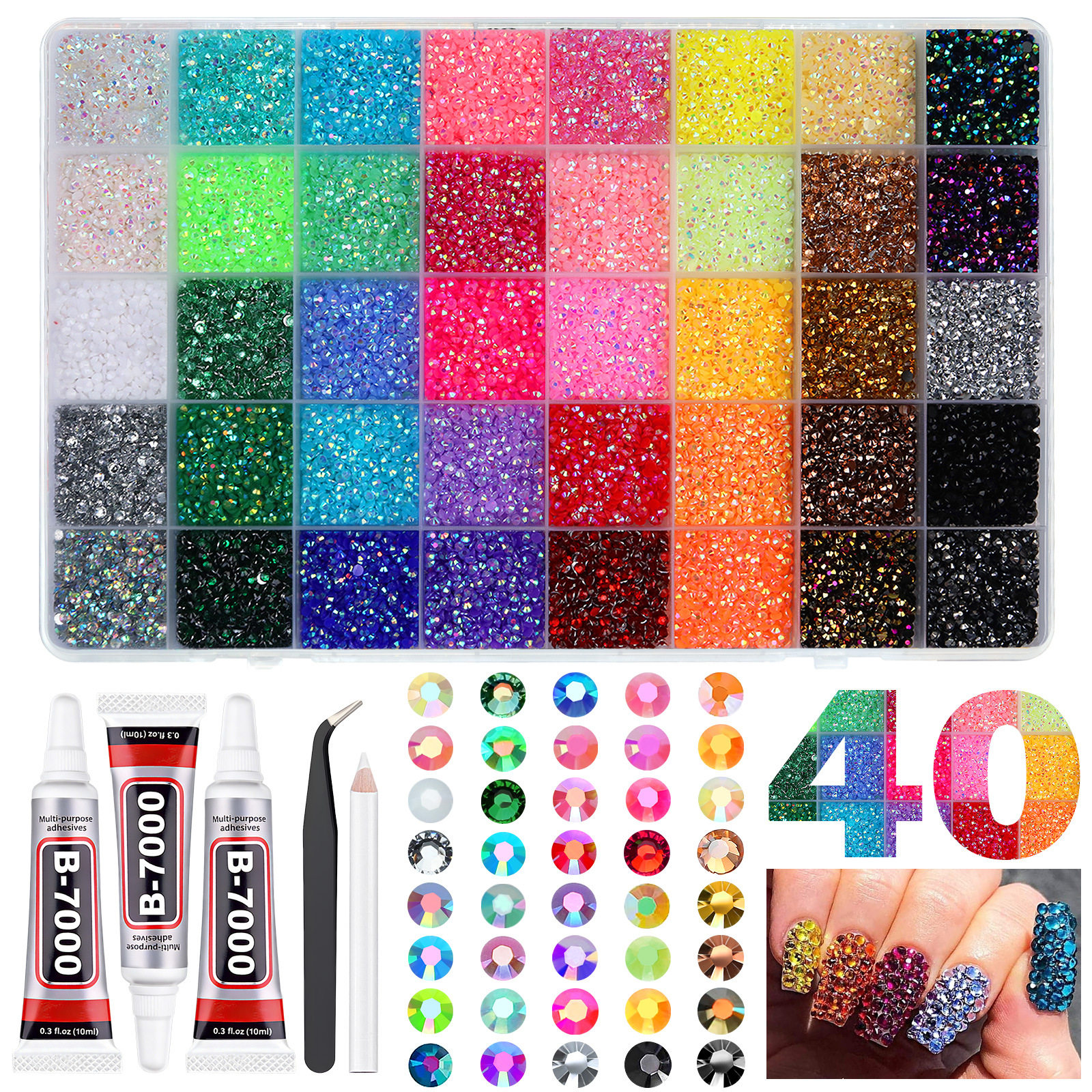 美甲饰品28格盒装套装混款网红指甲装饰水钻珍珠树脂平底钻小配件