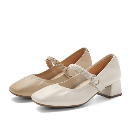 百丽小麦穗玛丽珍鞋女鞋子2024春季新款浅口粗高跟单鞋A7A1 A7A1D