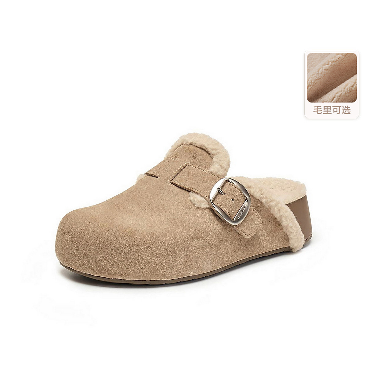 百丽加绒厚底毛毛勃肯鞋女鞋子