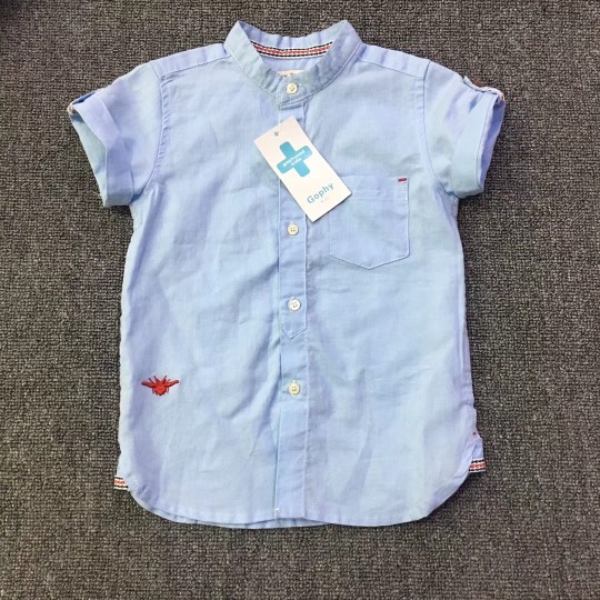 【贝乐鼠】外贸童装儿童立领短袖衬衣男童棉麻衬衫上衣原单特价