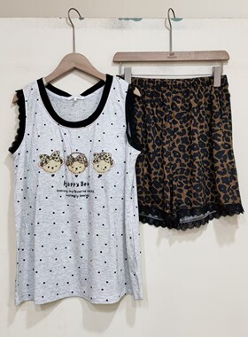 卡通印花背心豹纹短裤带胸垫睡衣女夏季薄款可外穿家居服套装6083
