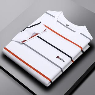 间条纯棉夏季 保罗正品 短袖 黑白彩条纹圆领t恤男士 滑料衣 保罗同款