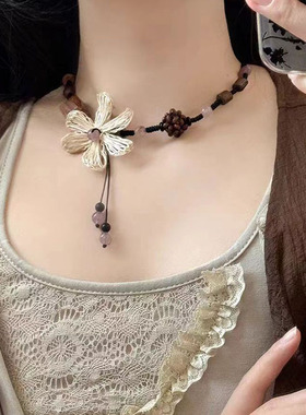 小众复古百搭锁骨链新中式国风花朵项链女民族风个性木质编织颈链