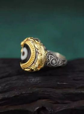 西藏断珠一眼天珠戒指藏式手工镶嵌大气民族风复古男女开口指环