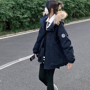 藏蓝色工装羽绒服派克服女短款小个子冬季毛领加厚外套韩系