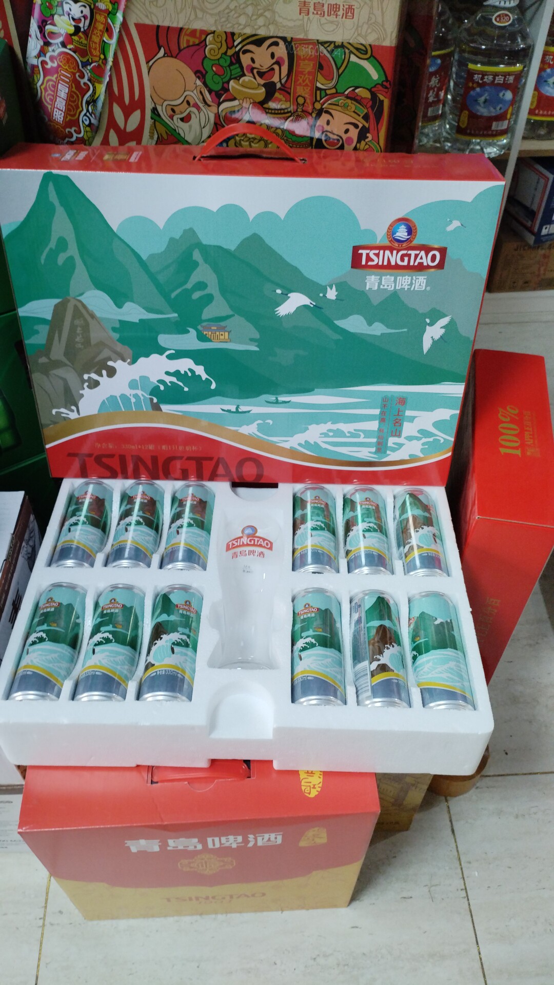 青岛啤酒海上名山崂山礼盒装正宗一厂原厂产送1大杯子330ml*12听