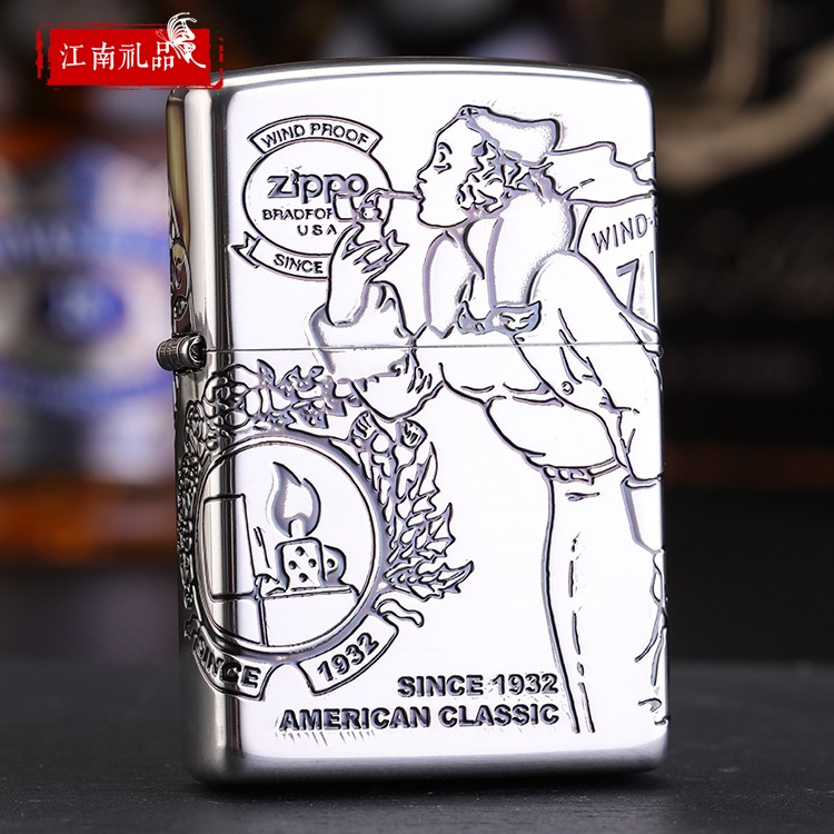 zippo打火机日版镀银风中女郎四面风女风中的ZIPPO