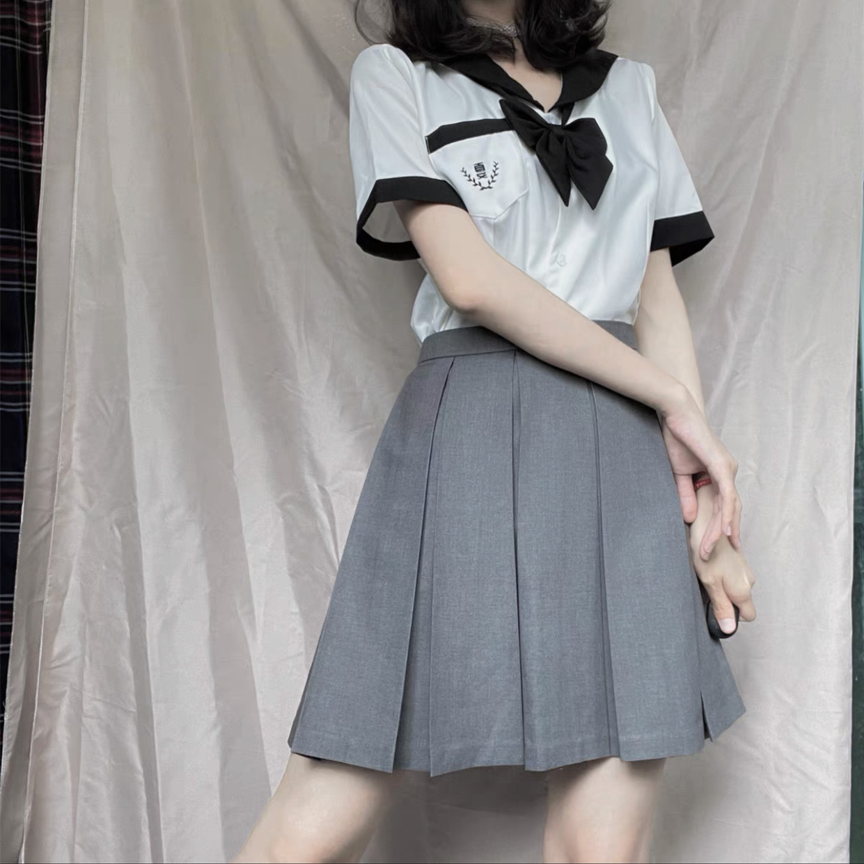 日韩百搭JK制服裙西装面料灰工字折a字版型高腰大摆不过膝半身裙