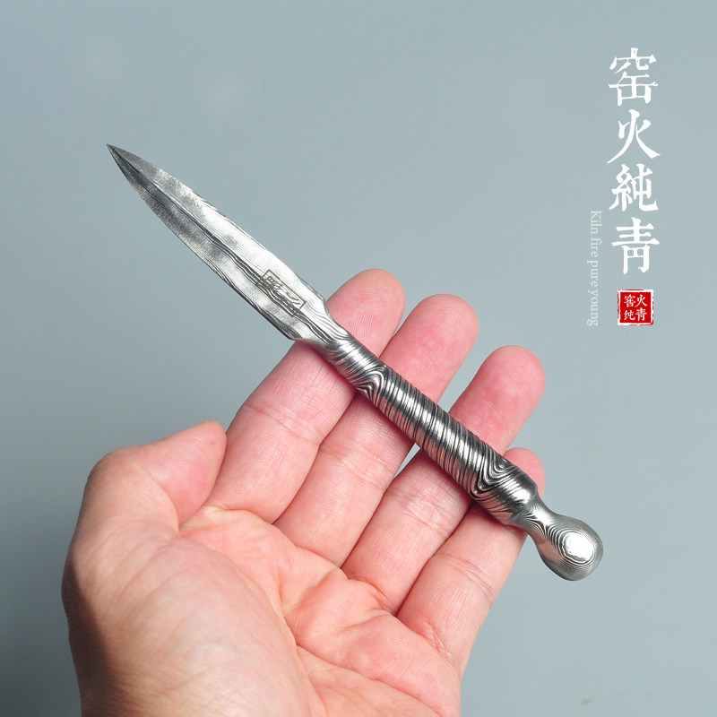 龙泉手工大马士革钢复古男女士撬砖饼茶开黑茶普洱茶专用茶针茶刀