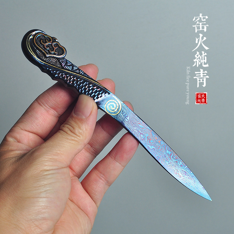 江龙茶刀手工雕刻如意错铜普洱茶刀百炼花纹钢撬茶饼工具大马士革