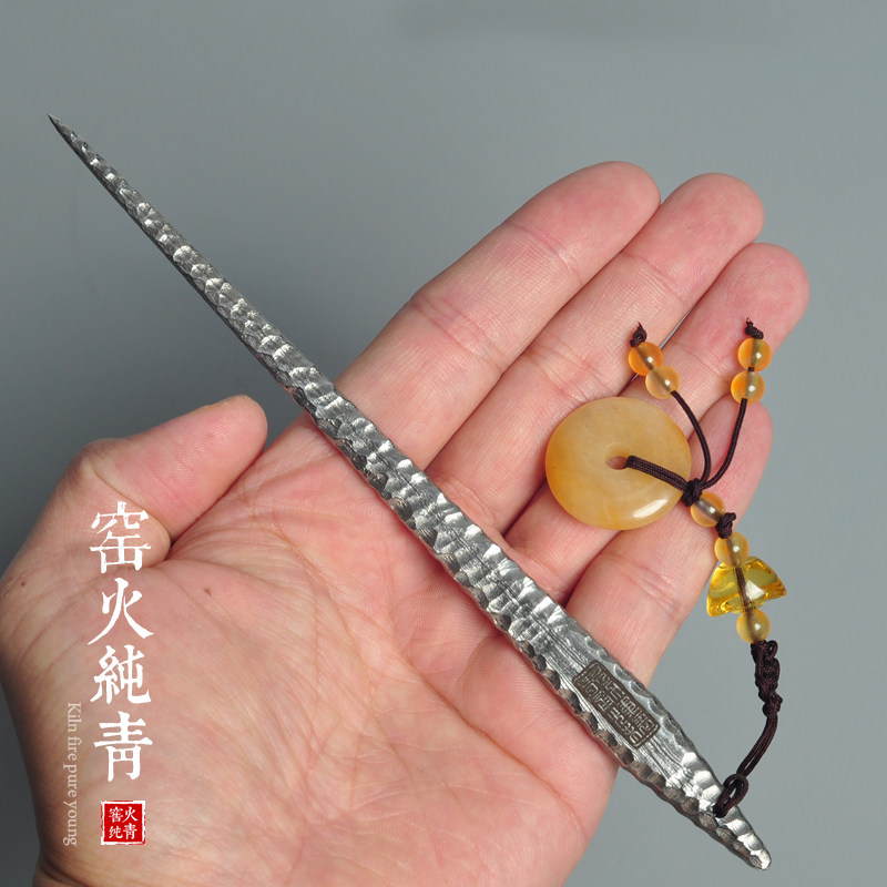 大马士革钢茶刀手工折叠锻打茶针茶锥黑茶饼撬普洱茶饼不生锈茶刀