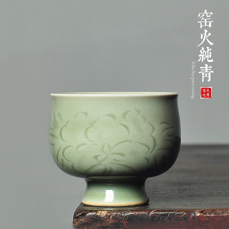 龙窑柴烧主人杯牡丹刻花杯品茗杯