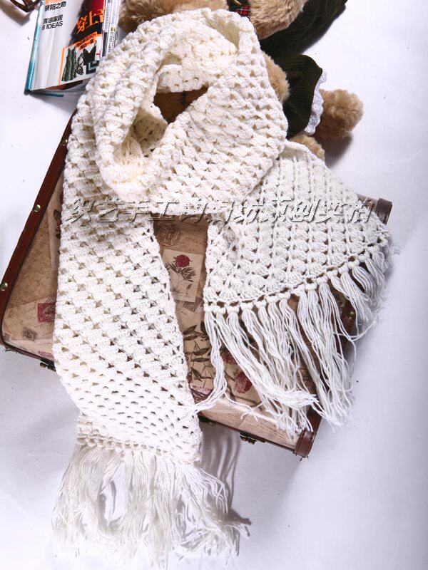 织艺坊原创◇漫漫轻云手工编织钩针白色流苏羊毛线围巾可定做定制