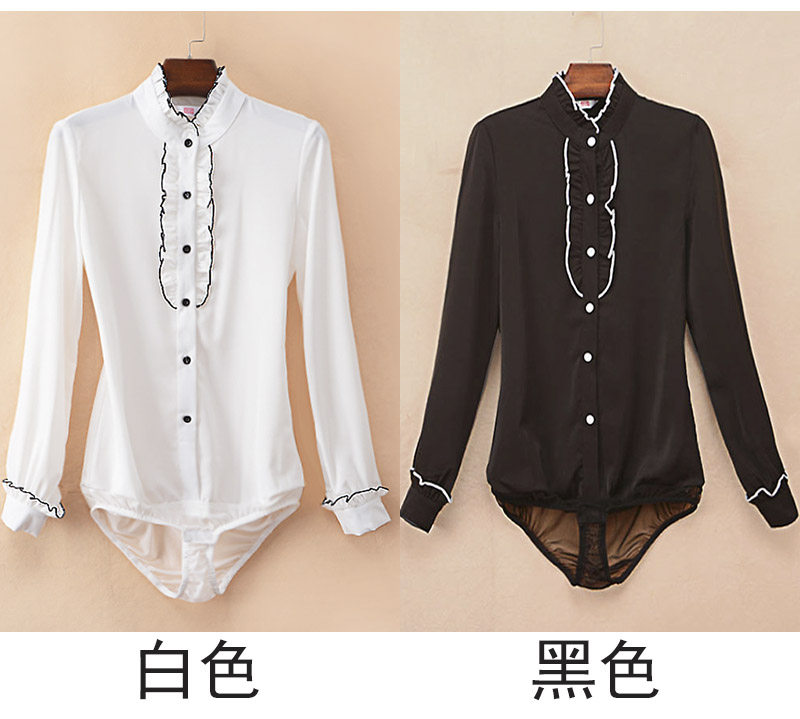 抗皱连体高端木耳边立领修身衬衣