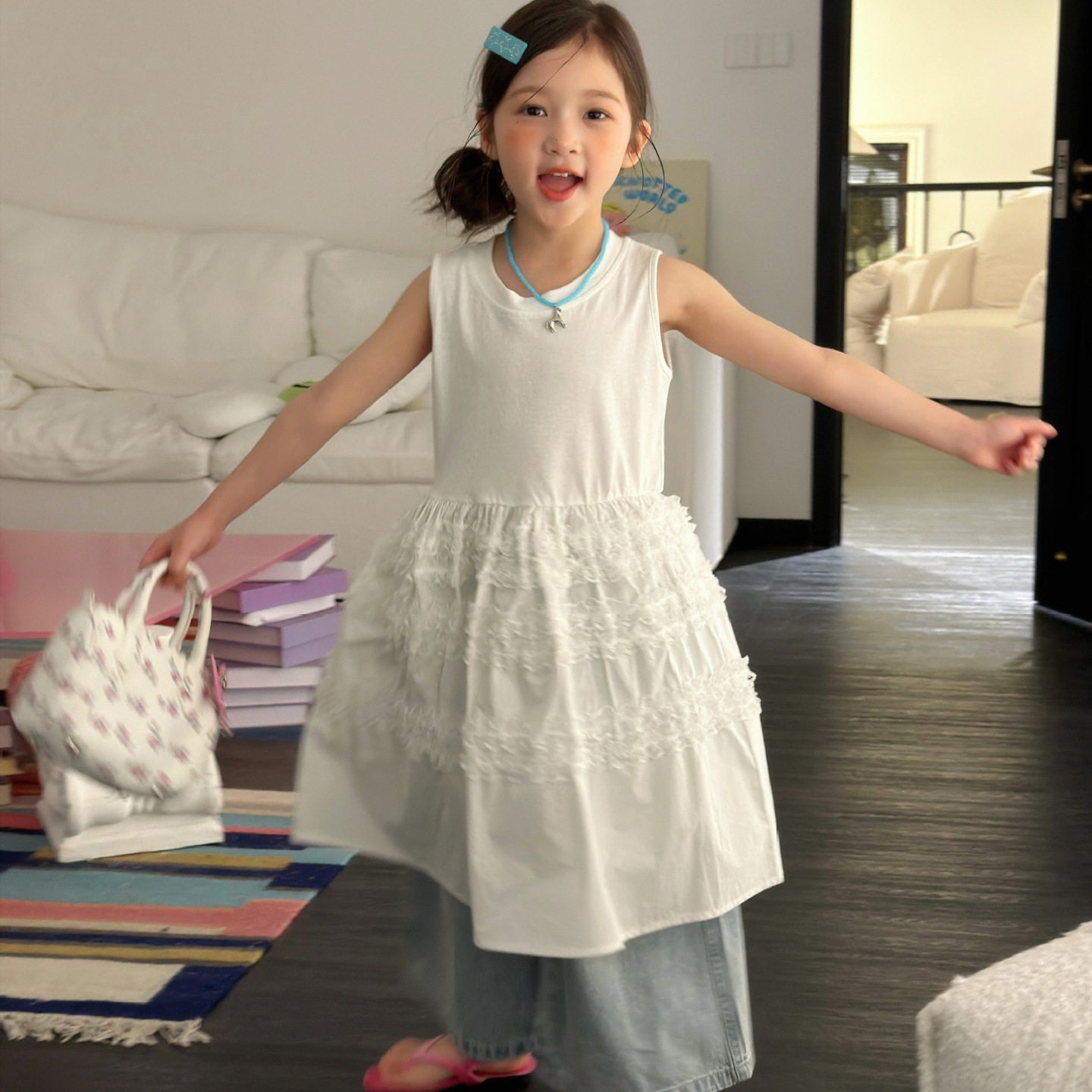 2026夏季新款童装 韩版童装 女童白色拼接蕾丝无袖连衣裙 背心裙