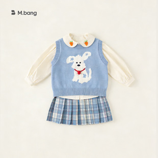 百褶裙儿童三件套 学院蓝色针织马甲娃娃领衬衫 YAYA童装 女童套装