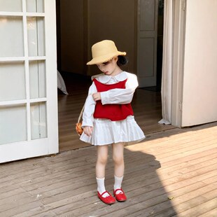 春季新款童装儿童红色毛衣背心女童长袖百褶裙边大翻领衬衫裙