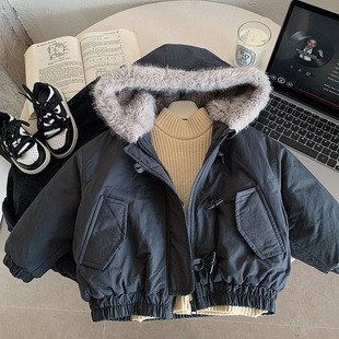 木野儿童冬季加绒棉服外套湖州织里童装男童韩版连帽加厚保暖上衣