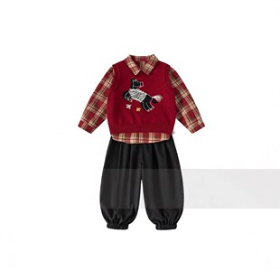 束脚裤 毛线马甲格子衬衫 儿童三件套学院风衣服 男童套装 YAYA童装