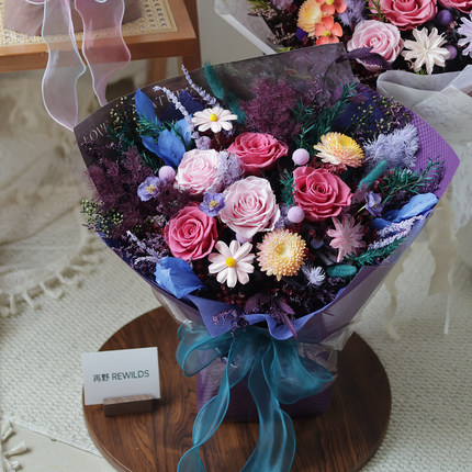 莫奈睡莲紫色小众永生花花束礼盒男生生日礼物真花干花玫瑰