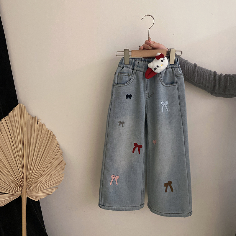 韩版女童2025冬季新款氧气潮流女宝宝气质百搭蝴蝶结加绒牛仔裤潮