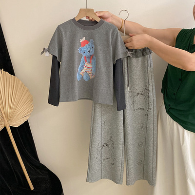 【安安家】女童卡通印花蝴蝶结假两件长袖上衣休闲裤两件套R25484