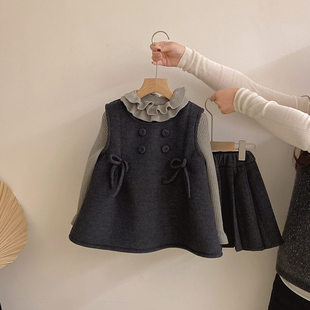 【安安家】女童毛呢蝴蝶结背心花边打底衫加绒百褶裙套装R26011