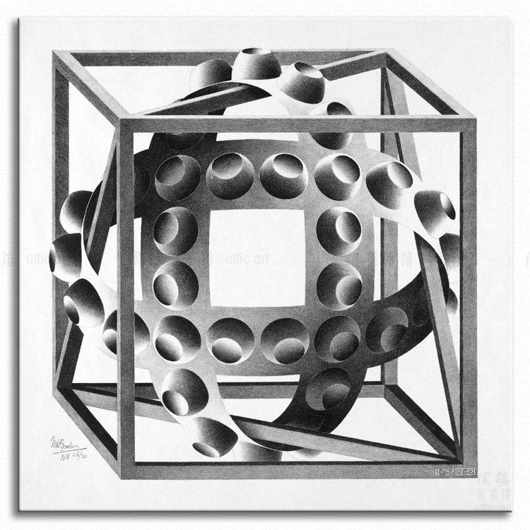 魔带立方体 escher 埃舍尔美术教室装饰画视错觉版画小众艺术挂画