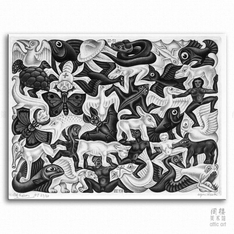 平面填充1 Escher 埃舍尔 视错觉版画装饰画无框有框客厅书房酒吧图片