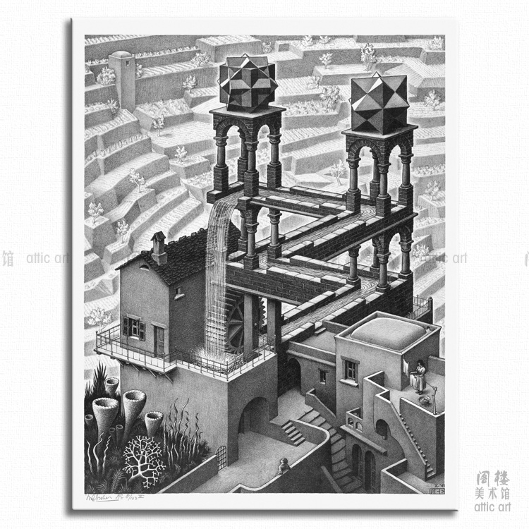 瀑布 escher 埃舍尔 视错觉版画装饰画无框有框客厅书房酒吧