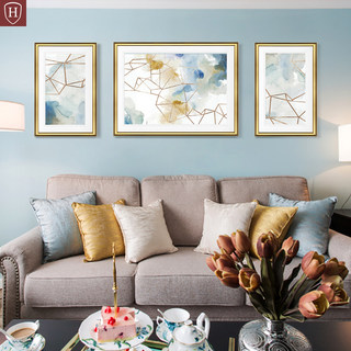 现代美式蓝色抽象挂画客厅沙发背景墙面装饰画简美轻奢大气三联画