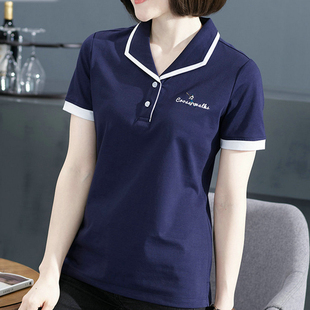 大码翻领棉短袖t恤女蓝色半袖上衣中年妈妈夏装带领有领体桖修身