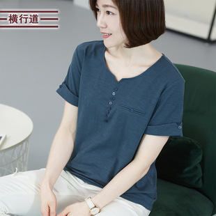 V领短袖t恤女中年50岁胖妈妈纯棉全棉夏装宽松半袖丅体桖洋气上衣