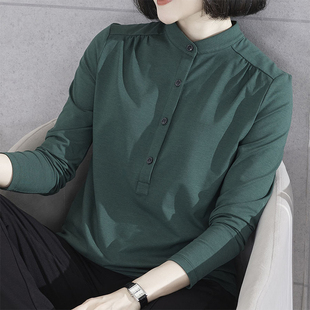 立领宽松莫代尔棉打底衫女长袖T恤中年妈妈外穿秋衣大码纯色显瘦