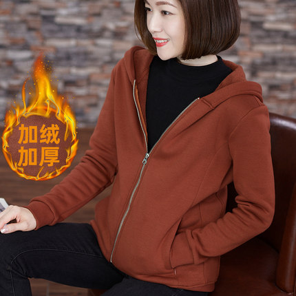 加绒加厚中年妈妈宽松长袖卫衣外套女春秋短款连帽开衫拉链带帽冬