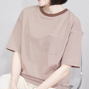 细条纹短袖女t恤夏2026新款圆领纯棉大码宽松中年打底衫休闲上衣
