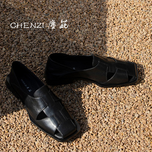 CHENZI塵茈 意大利小牛皮手工罗马鞋 凉鞋 女 原创设计师时髦猪笼鞋