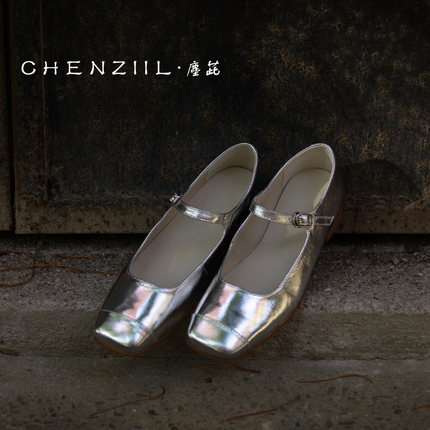 CHENZIIL 断码清C 敲柔软意大利金属牛皮银色玛丽珍鞋手工单鞋女