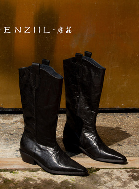 CHENZIIL 断码清仓 重工手抓小牛皮原创V口骑士靴粗跟长靴 靴子女