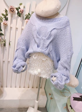 春季泡泡袖粗甜美白色宽松慵懒风头醋棒针上衣针织毛衣NZ0076