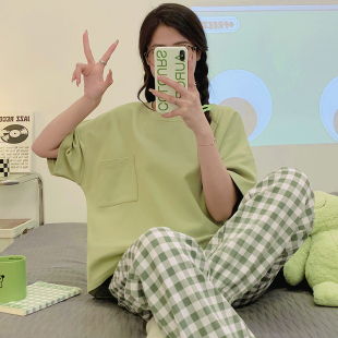 两件套装 RS2025年新款 长裤 夏季 睡衣女纯棉简约家居服可外穿 短袖
