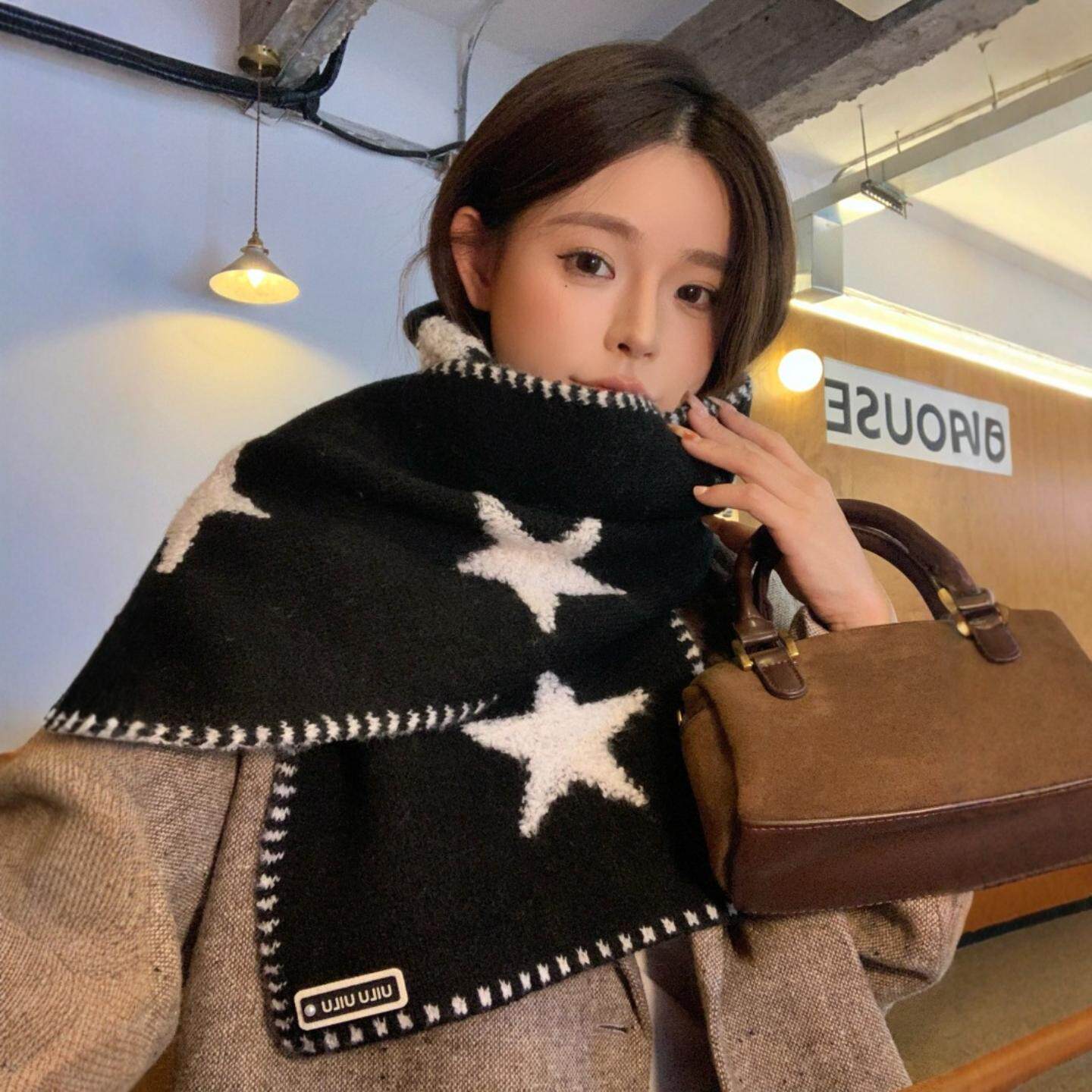 韩国款星星羊毛混纺针织围巾女冬季学生情侣加厚保暖百搭羊绒围脖