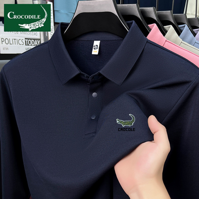 鳄鱼恤桑蚕丝长袖T恤男翻领polo