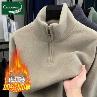 鳄鱼恤冬季男士立领半拉链奥利绒纯色卫衣加绒新款保暖加厚上衣男